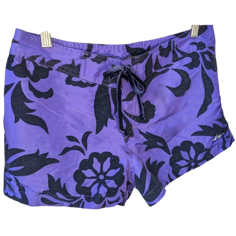 Y2K Hurley Sparkle Board Shorts 7 Juniors Purple Tropical Black Velvet Burnout - Picture 9 of 9
